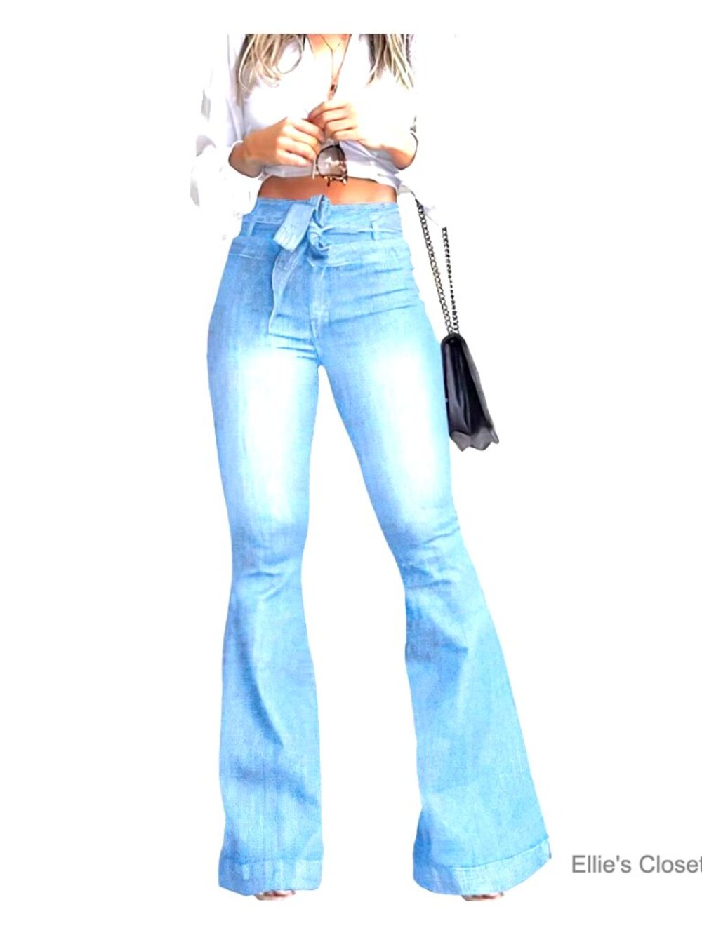 High Waisted Flare Jeans with Removable Belt, Stretch Denim Fabric